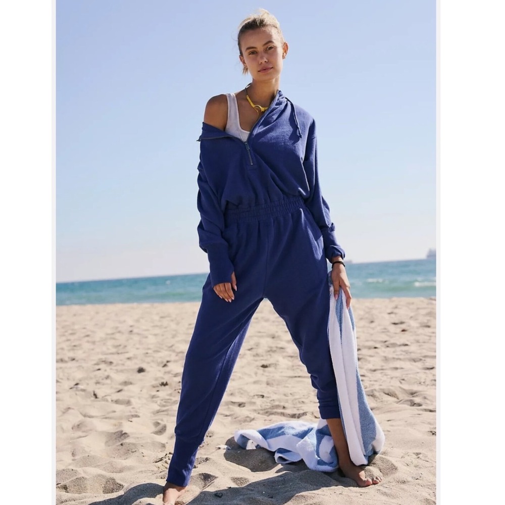Free People Movement Training Day Jumpsuit Blue Indigo Cotton Womens Medium